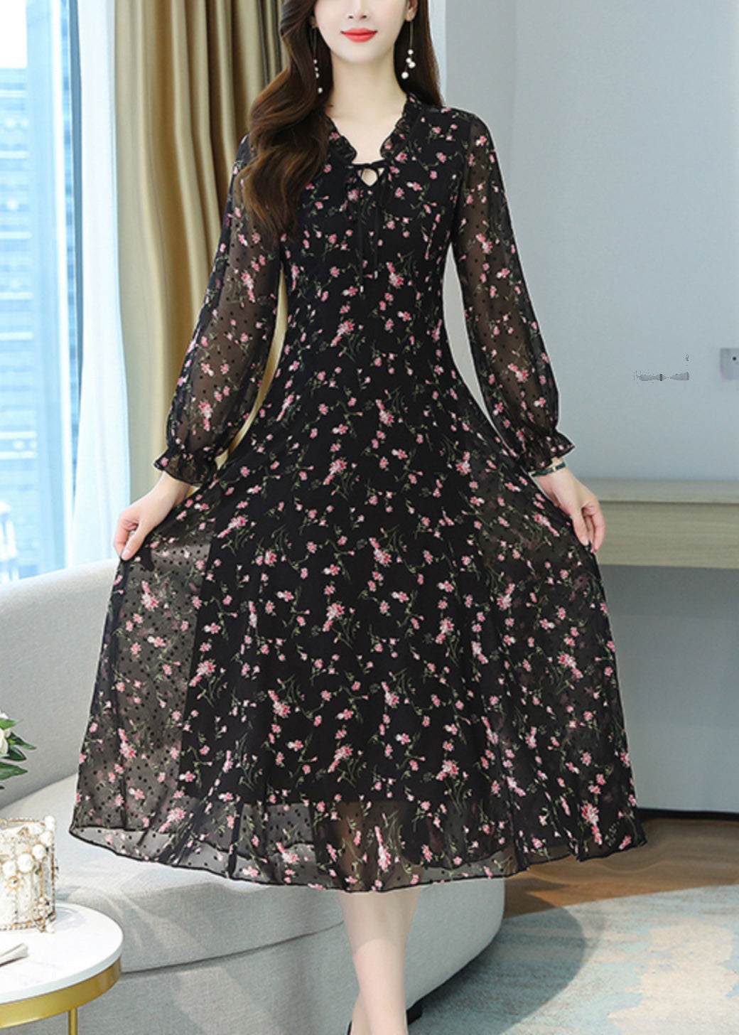 Women Black Ruffled Print Chiffon Long Dress Spring OO022 OM-CS240814