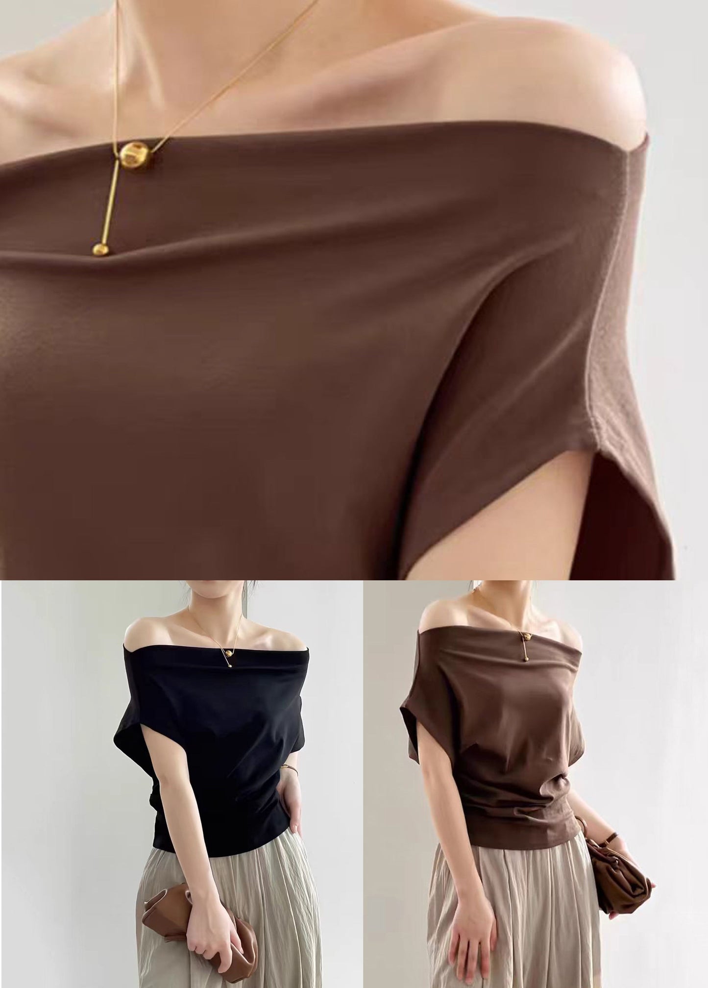 Summer Neck T Women Black Cotton Solid Shirt Slash FashionChic