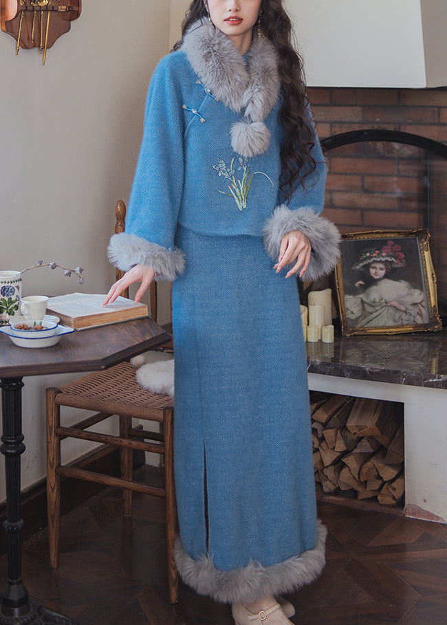 Women Blue Fur Collar Tops And Skirts Cotton Filled Two Pieces Set Winter RH030 ABC