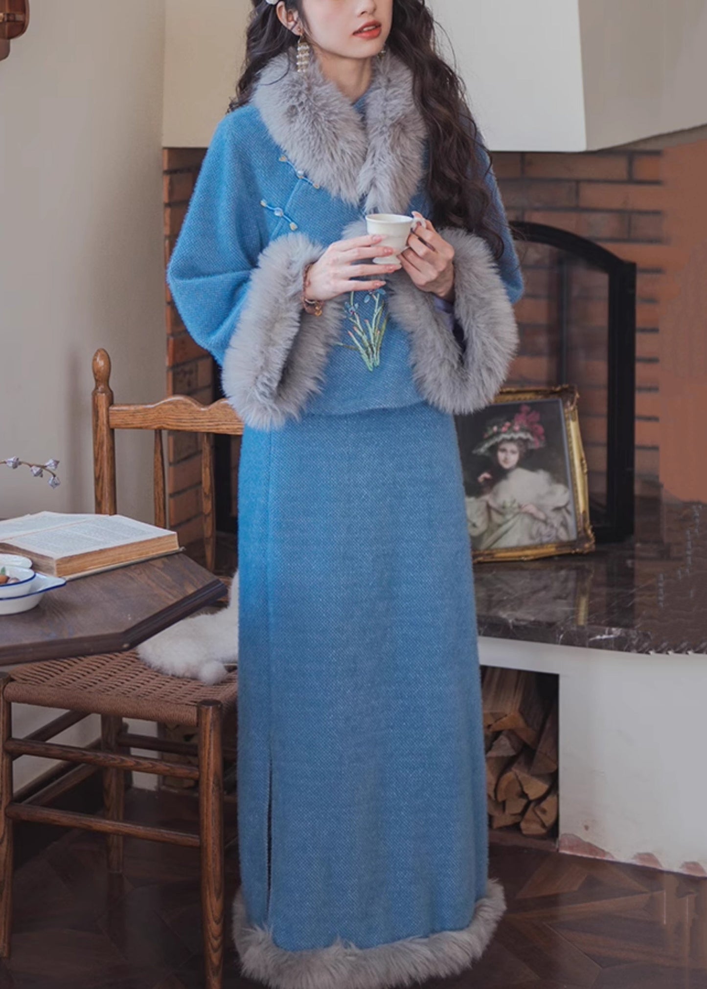 Women Blue Fur Collar Tops And Skirts Cotton Filled Two Pieces Set Winter RH030 ABC