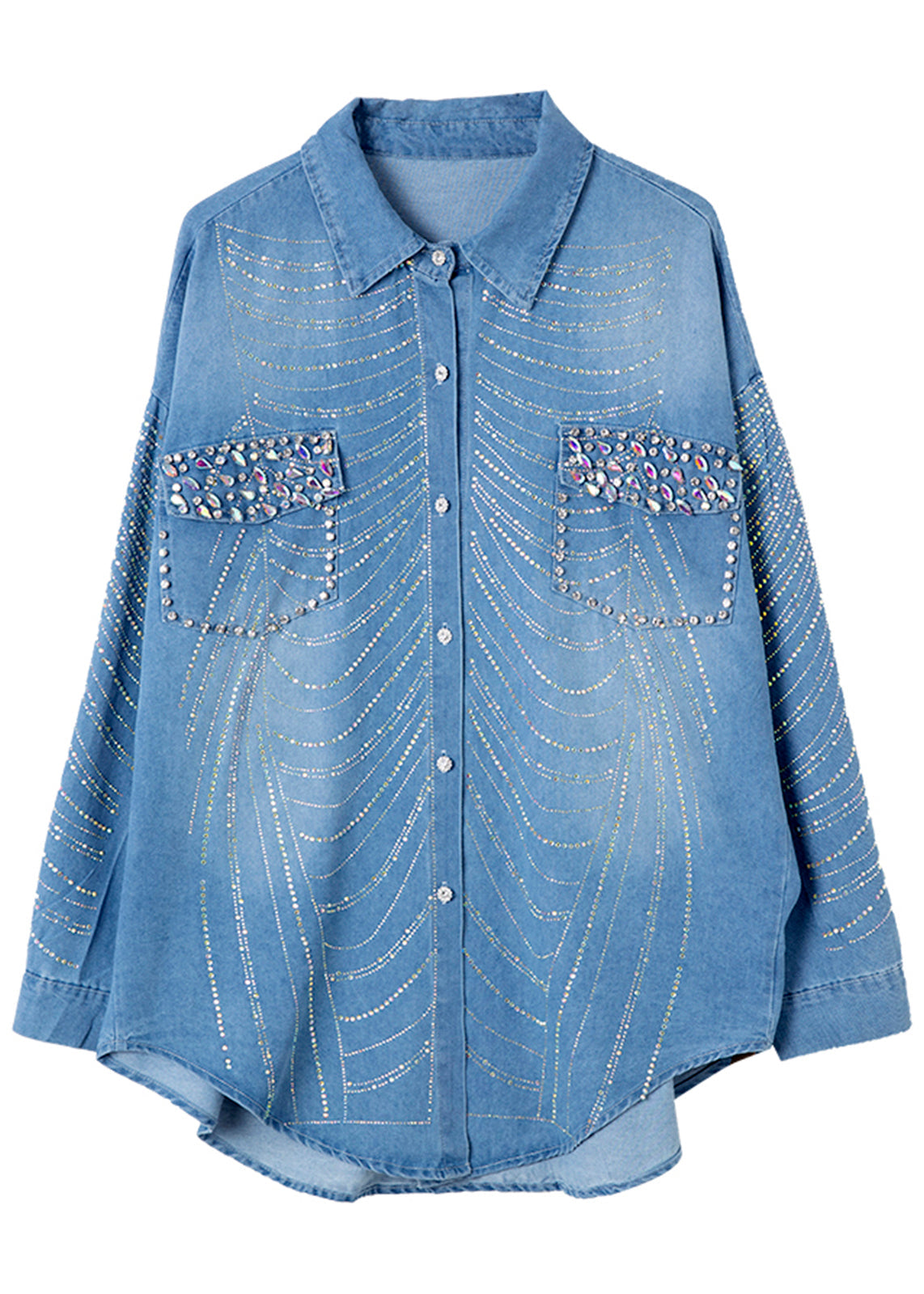 Spring Bead Button Women Zircon Denim Shirts Nail Blue FashionChic