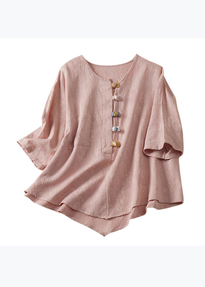 Women Blue O Neck Chinese Button Jacquard Linen Shirt Summer AM1041 Genistyle Shop