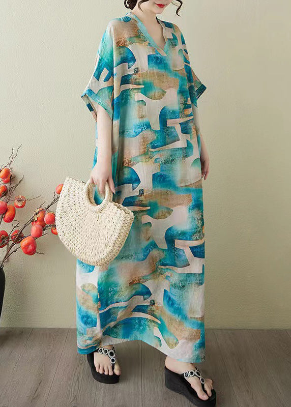 Print Summer Dress Blue Oversized Party Women Cotton FashionChic