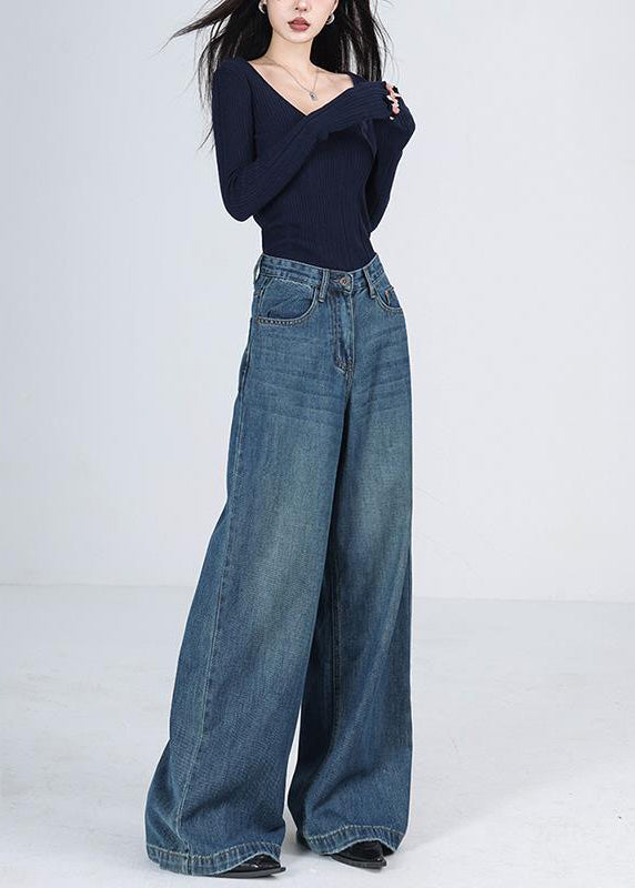 Women Blue Pockets High Waist Denim Wide Leg Pants Winter RS041 ABC