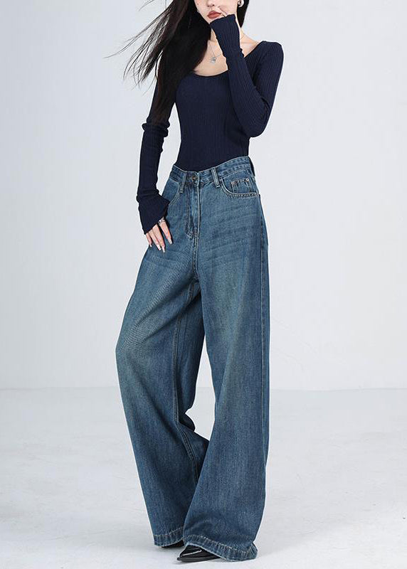 Women Blue Pockets High Waist Denim Wide Leg Pants Winter RS041 ABC