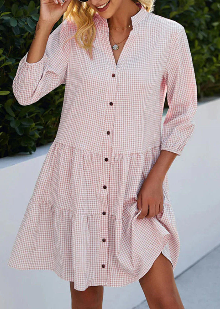 Plaid Mid Blue Button Fall Collar Dress Stand Women Shirts FashionChic