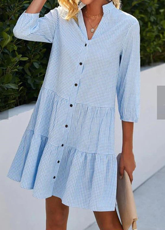 Plaid Mid Blue Button Fall Collar Dress Stand Women Shirts FashionChic