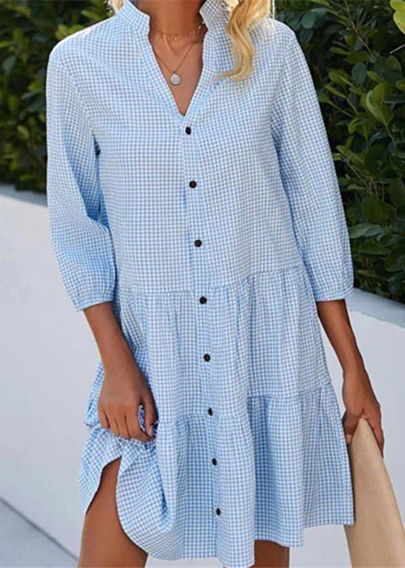 Plaid Mid Blue Button Fall Collar Dress Stand Women Shirts FashionChic