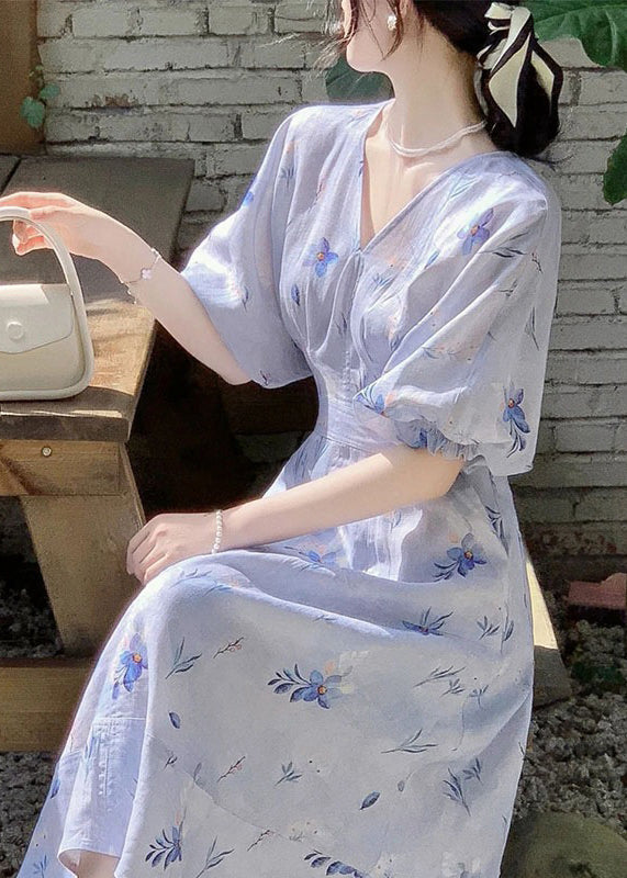 Women Blue V Neck Print Cotton Long Dress Summer KJ006 ZS-SDL240715