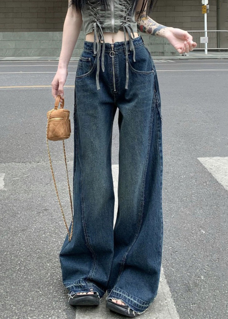 Women Blue Zip Up Pockets Denim Wide Leg Pants Summer PP017 OM-NZ240827