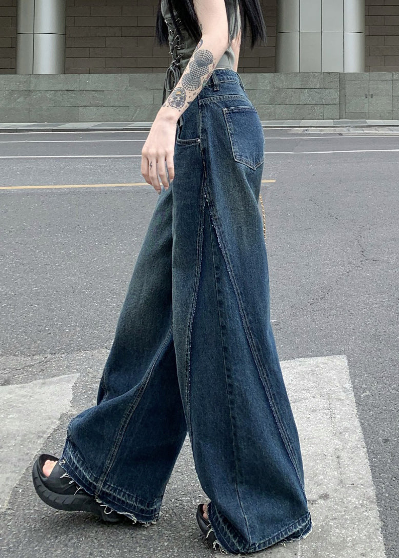 Women Blue Zip Up Pockets Denim Wide Leg Pants Summer PP017 OM-NZ240827