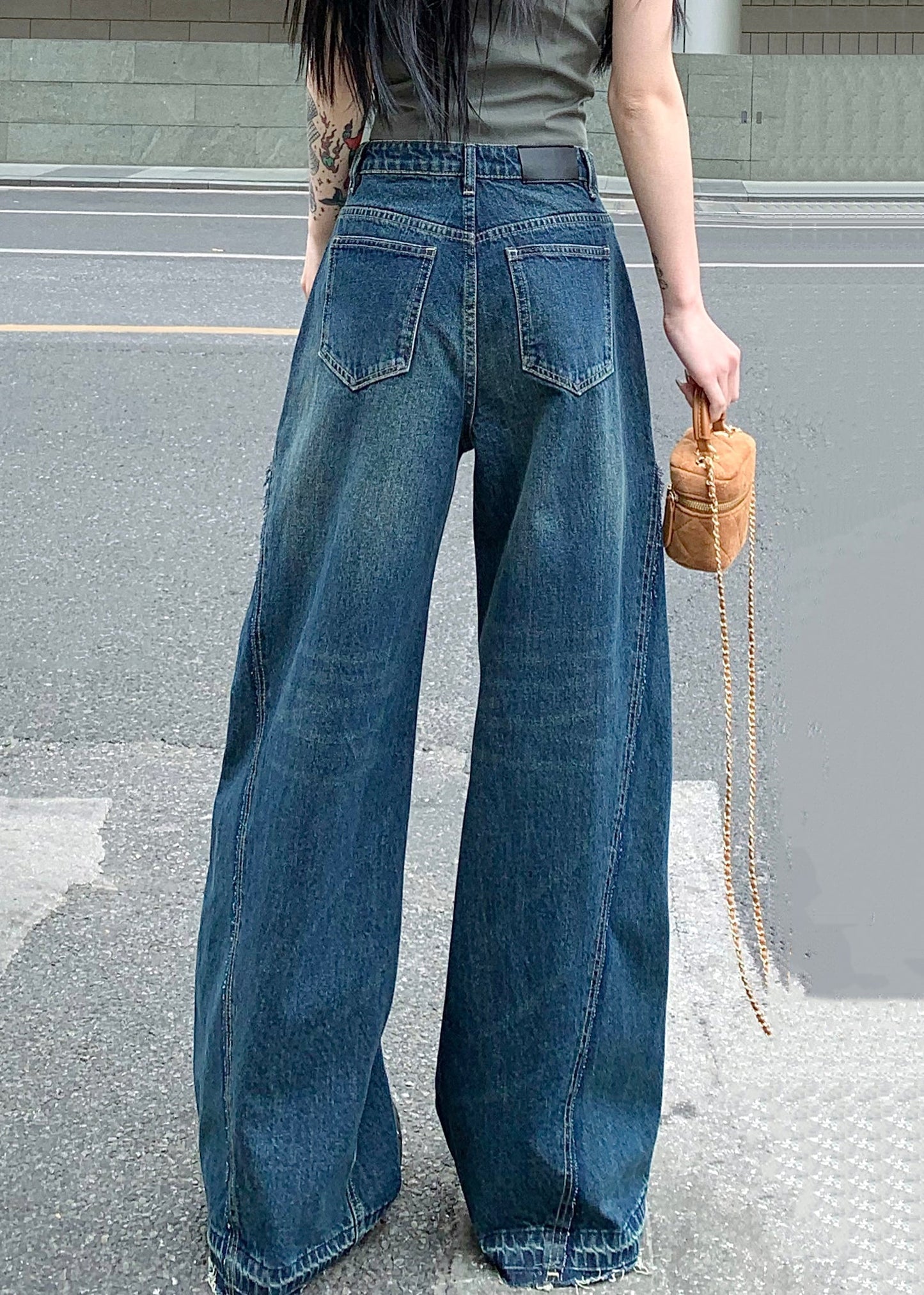 Women Blue Zip Up Pockets Denim Wide Leg Pants Summer PP017 OM-NZ240827