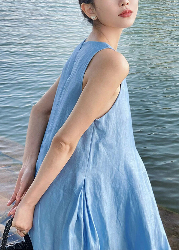 Women Blue Zip Up Solid Cotton Maxi Dress Sleeveless XX084 SH-LF-SDL240611