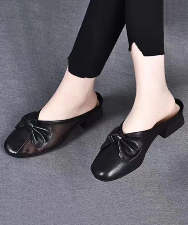 Chunky Leather Cowhide Bow Slide Yellow Women Tulle Splicing FashionChic