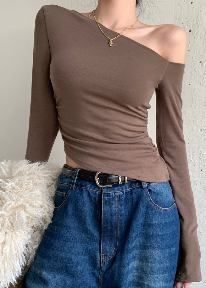 Shoulder One Women Brown Tops Fall Blouse Cotton FashionChic