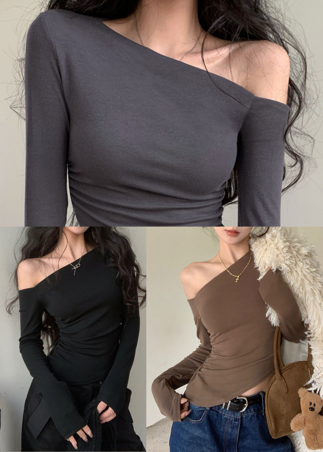 Shoulder One Women Brown Tops Fall Blouse Cotton FashionChic