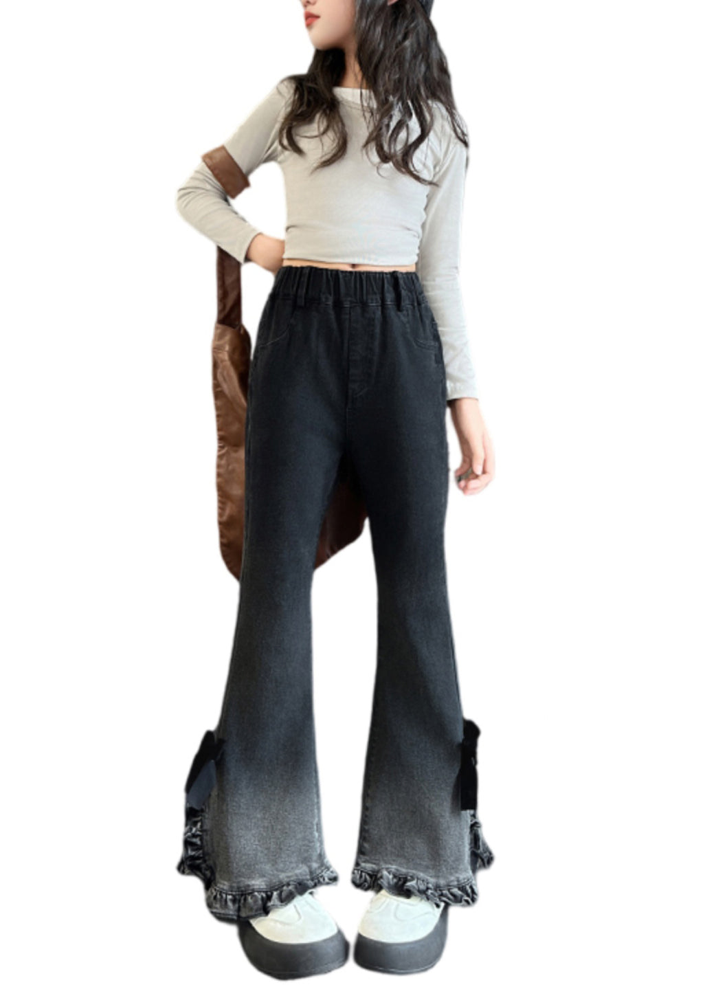 Women Gradient Color Ruffled Side Open Bell-bottom Trousers Spring YK031 OM-MZF250306