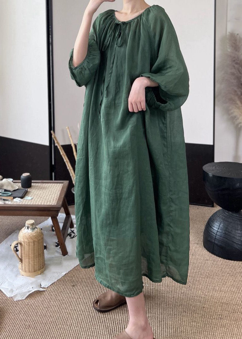 Women Green Lace Up Solid Linen Long Dresses Fall MN053 MMDM-FDL240704
