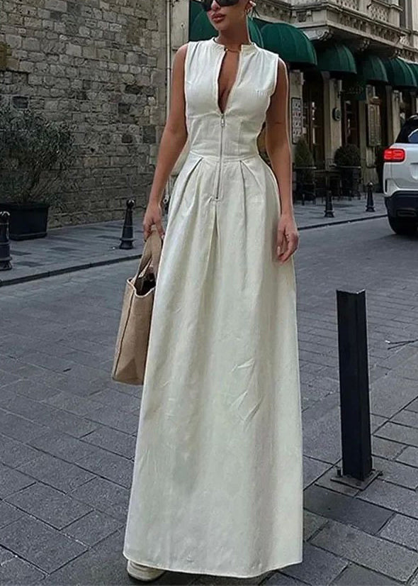 Collar Slim Green Pleated Round Dress Women Maxi Sleeveless FashionChic