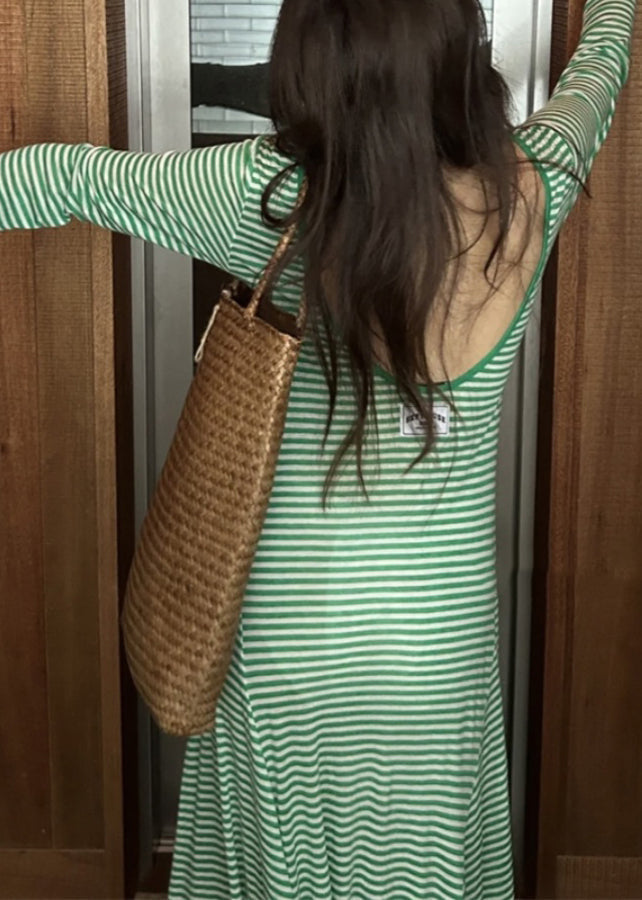 Women Green Striped Backless Cotton T Shirt Dress Long Sleeve KK042 SH-LF-FDL240602