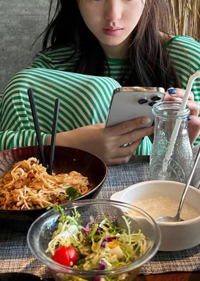 Women Green Striped Backless Cotton T Shirt Dress Long Sleeve KK042 SH-LF-FDL240602
