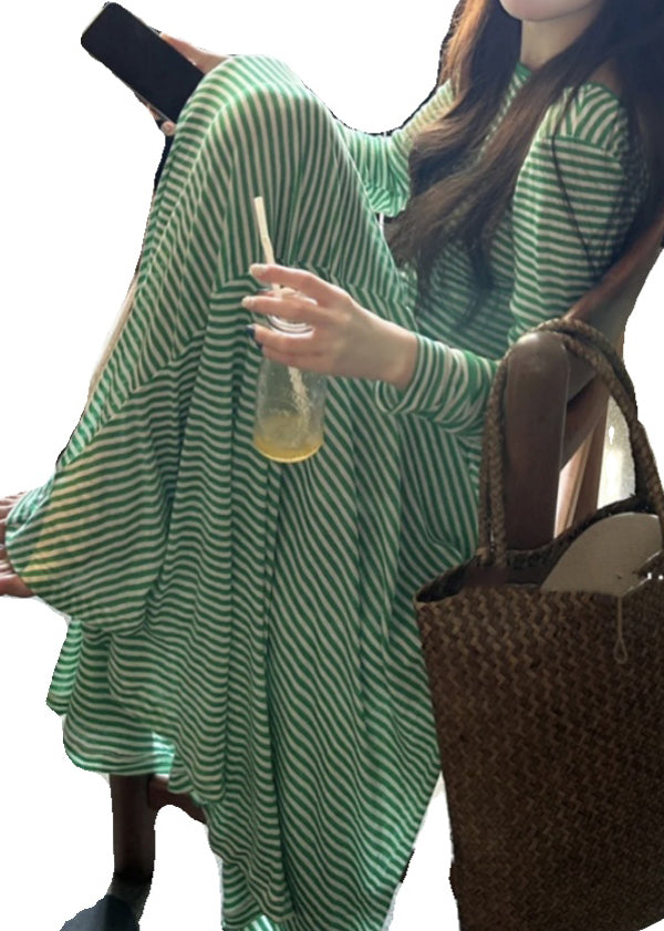 Women Green Striped Backless Cotton T Shirt Dress Long Sleeve KK042 SH-LF-FDL240602