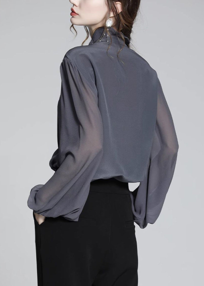 Women Grey Shirts Ruffled Patchwork Spring Chiffon Blue FashionChic