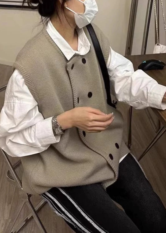 Women Grey O Neck Double Breast Patchwork Knit Vest Sleeveless WN033 ABC