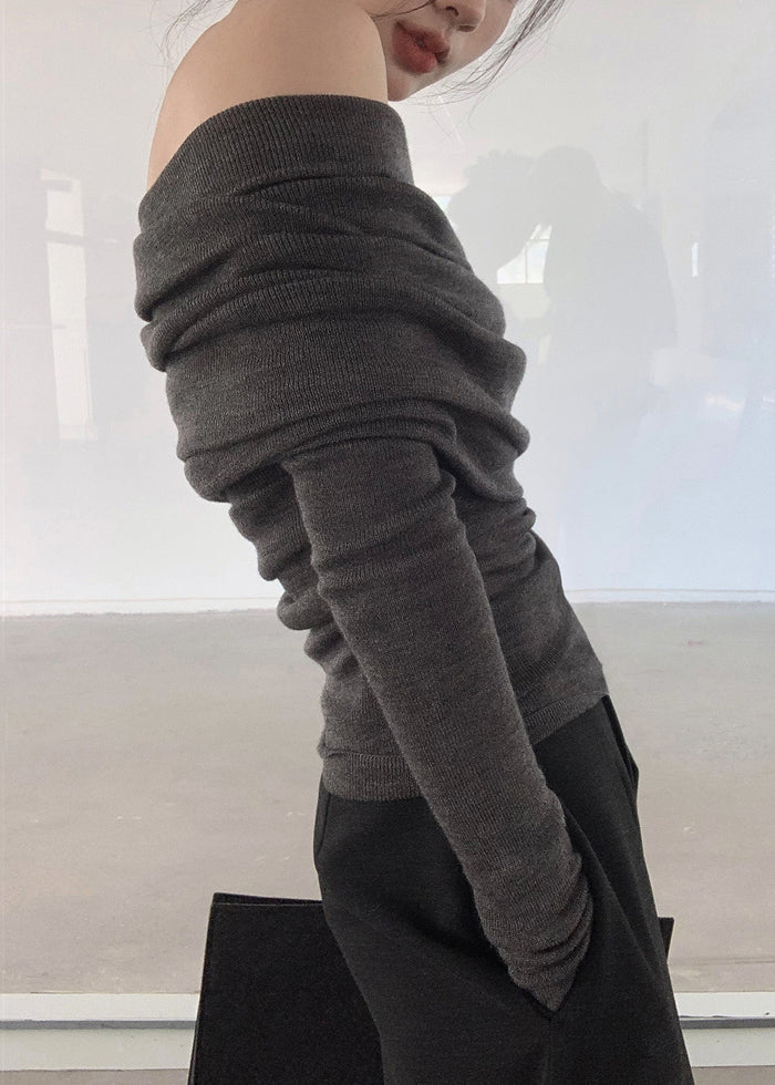 Top Neck Grey Slash Solid Wrinkled Women Spring Knit FashionChic