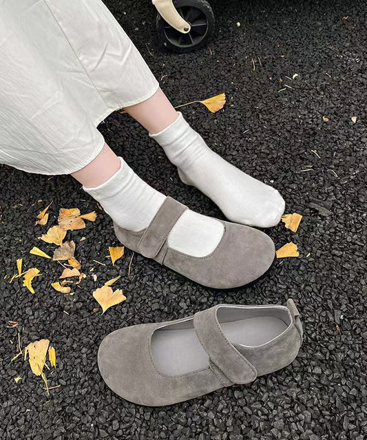 Grey Suede Flat Splicing Buckle Strap Women Feet Shoes FashionChic