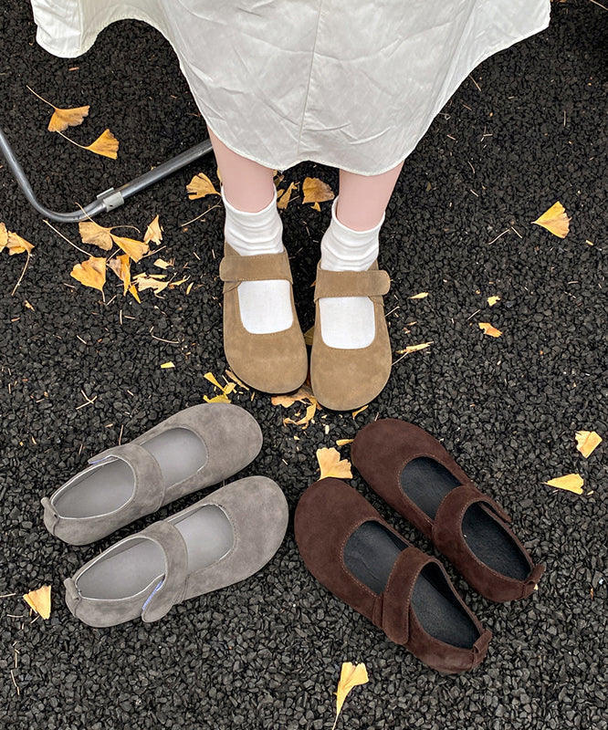 Grey Suede Flat Splicing Buckle Strap Women Feet Shoes FashionChic