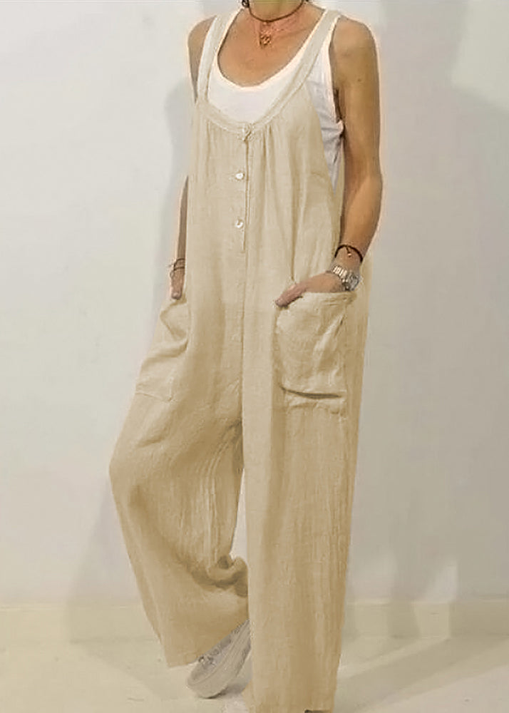 Solid Khaki Jumpsuits Button Women O-Neck Sleeveless FashionChic
