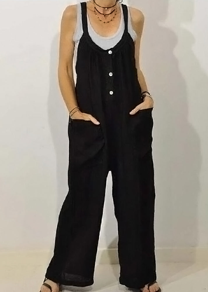 Solid Khaki Jumpsuits Button Women O-Neck Sleeveless FashionChic