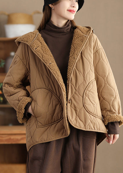 Women Khaki Oversized Fleece Wool Lined Hooded Jacket Spring TN011 ABC