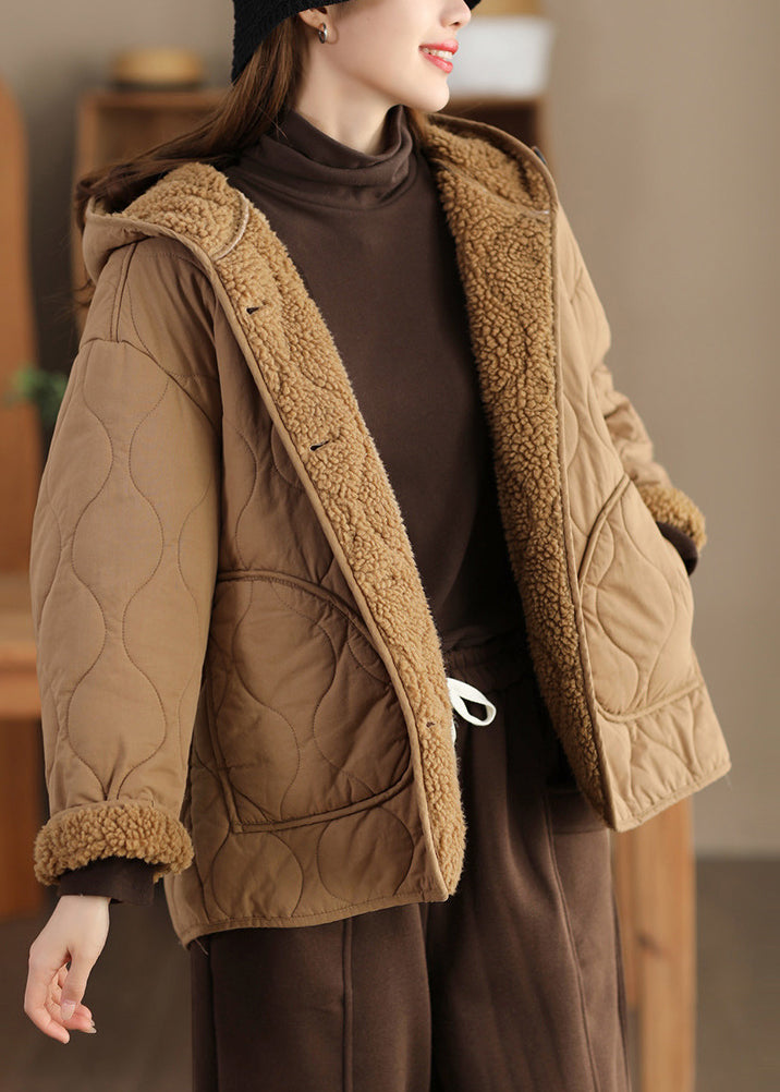 Women Khaki Oversized Fleece Wool Lined Hooded Jacket Spring TN011 ABC