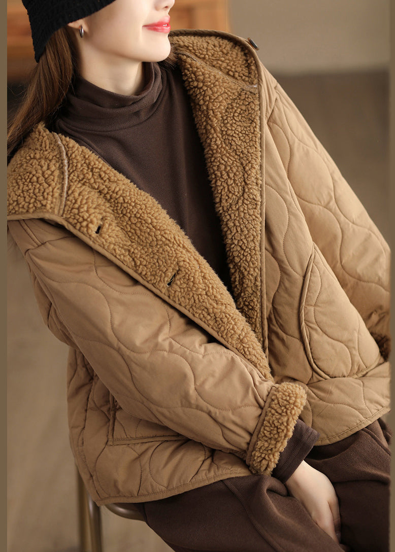 Women Khaki Oversized Fleece Wool Lined Hooded Jacket Spring TN011 ABC
