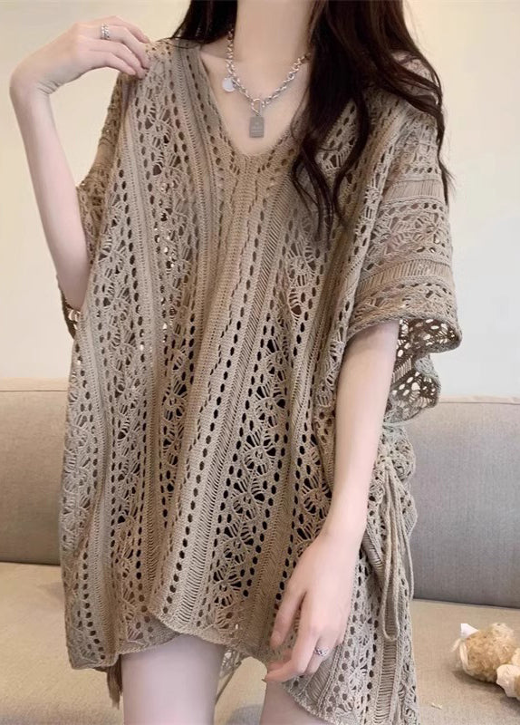 Half Tops Sleeve Knit Neck Hollow Khaki Out Women V FashionChic
