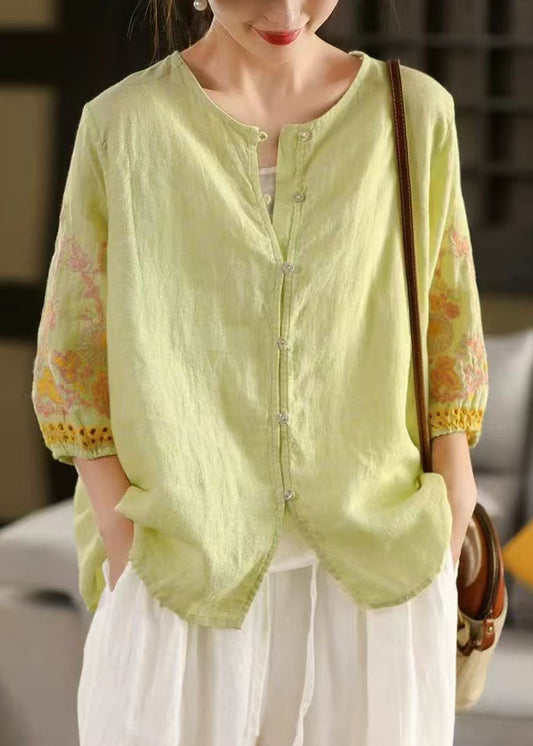 Linen Bracelet Sleeve Women Green Embroidered Light Shirts FashionChic