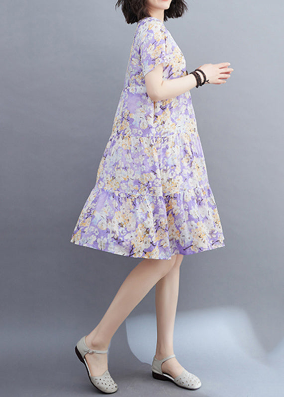Women Light Purple Patchwork Print Mid Dresses Short Sleeveomen Light Purple Patchwork Print Mid Dresses Short Sleeve VB1015 Ada Fashion