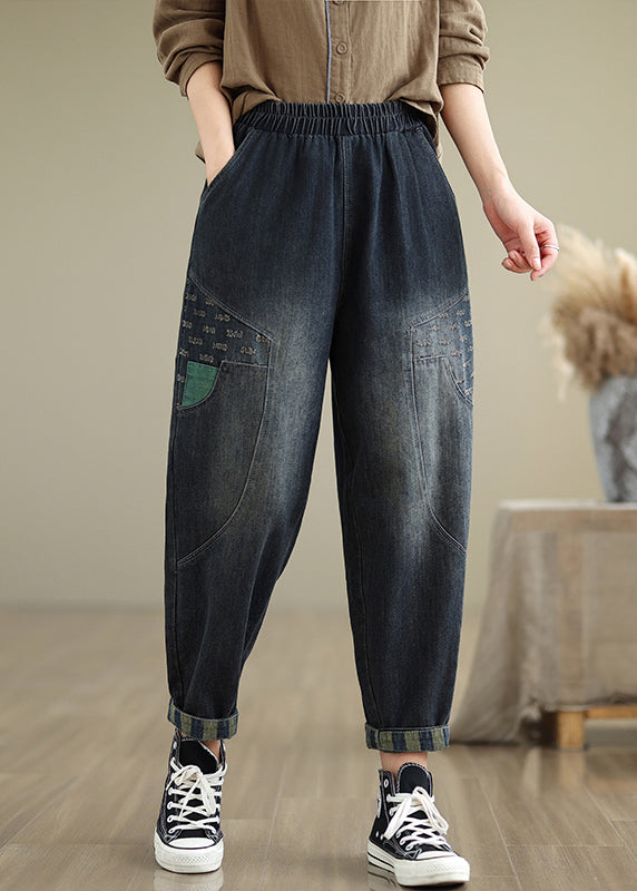 Women Navy Pockets Elastic Waist Denim Pants Fall QO053 OM-ZS241008