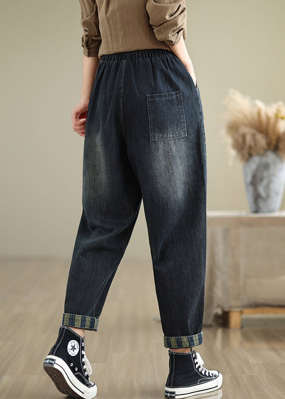 Women Navy Pockets Elastic Waist Denim Pants Fall QO053 OM-ZS241008