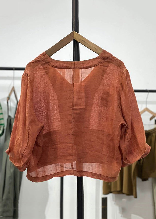 Women Orange Button Pockets Linen Cardigan Spring GG046 MZF-CDG240610