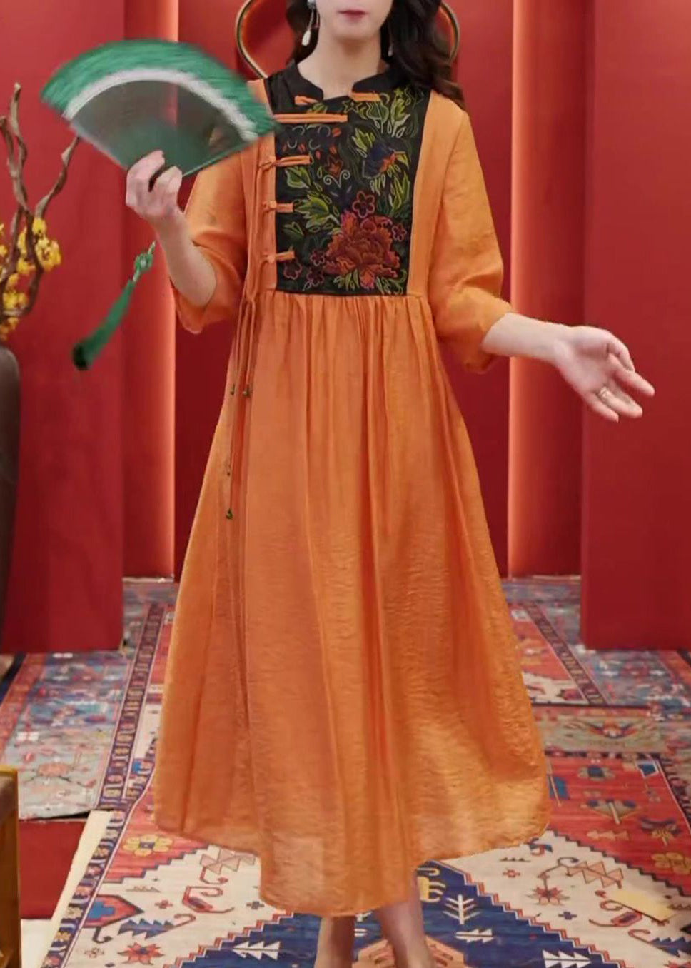 Women Orange Embroidered Button Cotton Dresses Half Sleeve AA1055 Ada Fashion