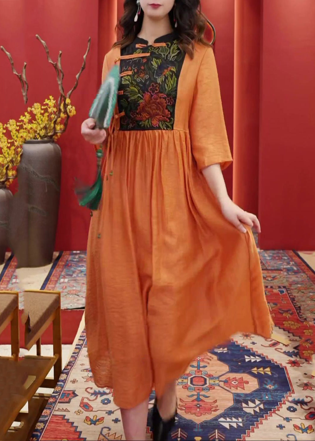 Women Orange Embroidered Button Cotton Dresses Half Sleeve AA1055 Ada Fashion