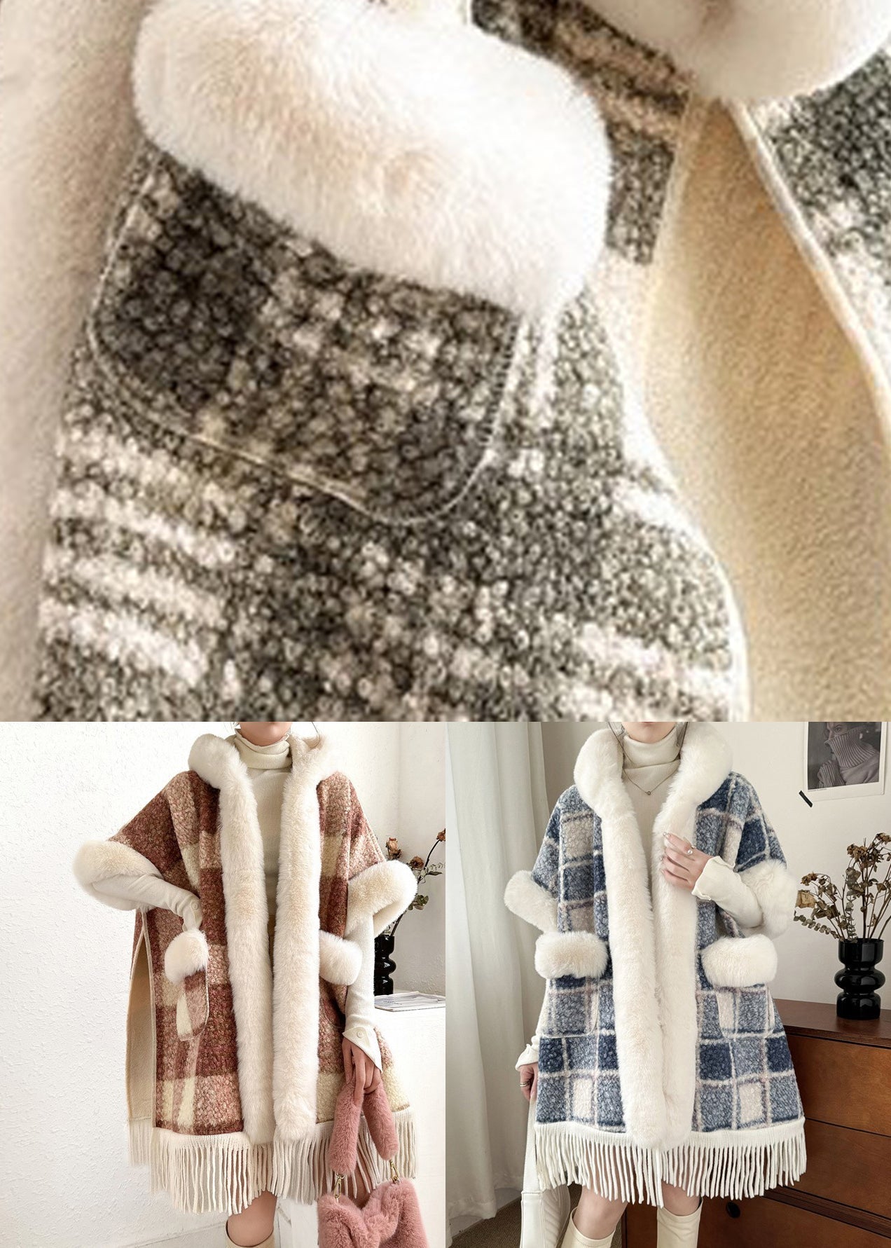 Women Orange Fur Collar Tasseled Warm Fleece Cape Coats Half Sleeve YW008 ABC