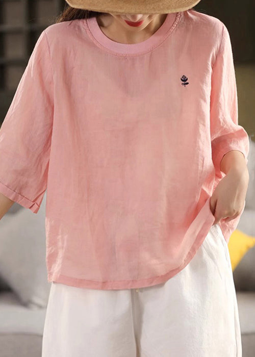 Shirts Women Orange O Solid Neck Linen Half Sleeve T FashionChic