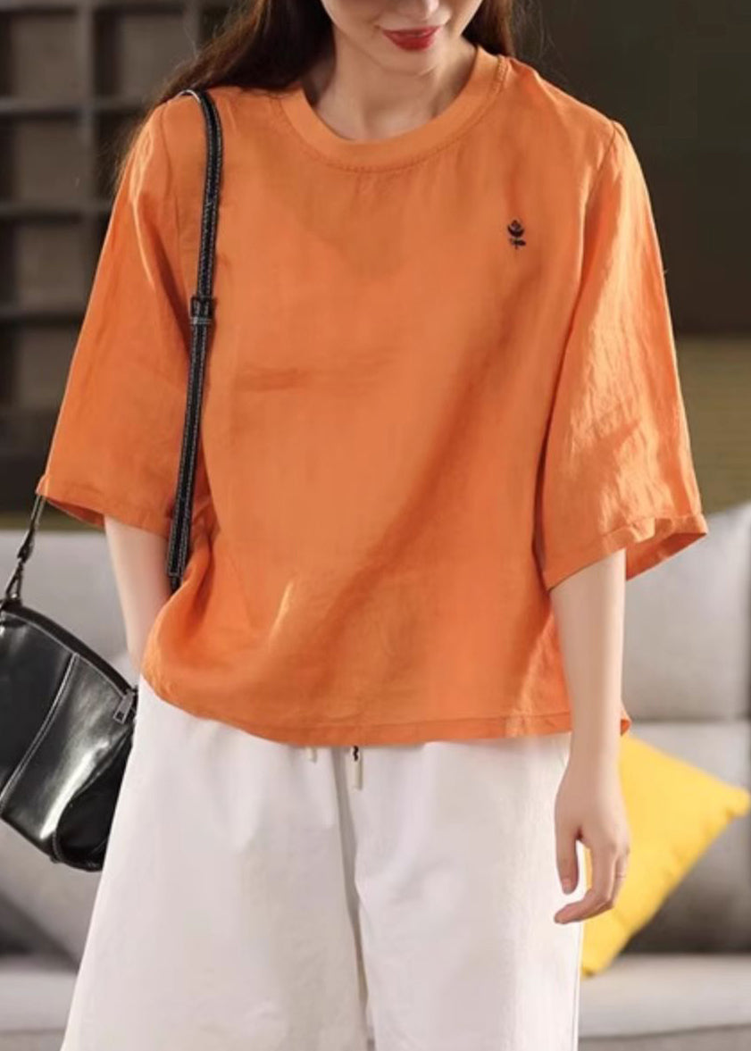 Shirts Women Orange O Solid Neck Linen Half Sleeve T FashionChic