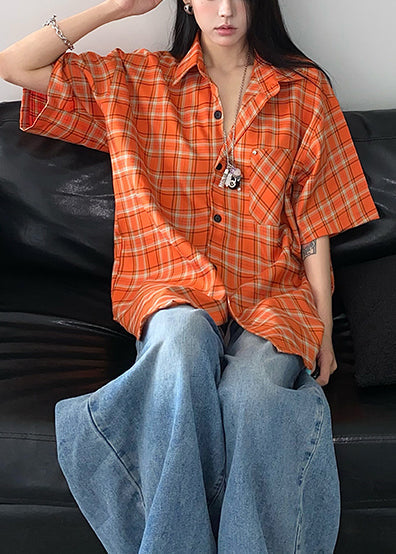 Top Orange Summer Plaid Women Oversized Cotton FashionChic