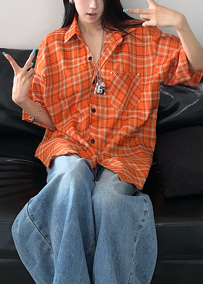 Top Orange Summer Plaid Women Oversized Cotton FashionChic