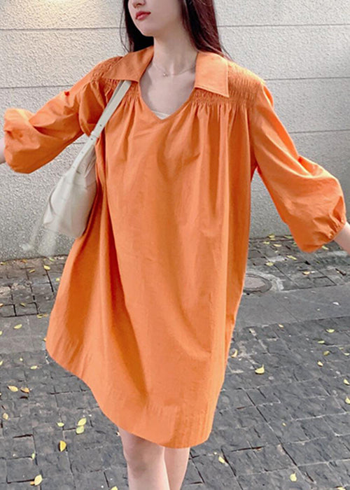 Women Peter Wrinkled Dresses Shirts Orange Cotton Pan Collar FashionChic